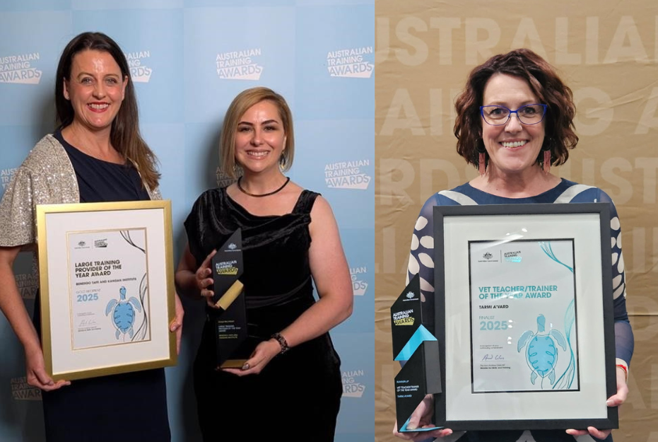 Bendigo TAFE CEO Laura Macpherson, Chief Industry and Education Officer Janelle Arena and teacher Tarmi AVard at the 2025 Australian Training Awards